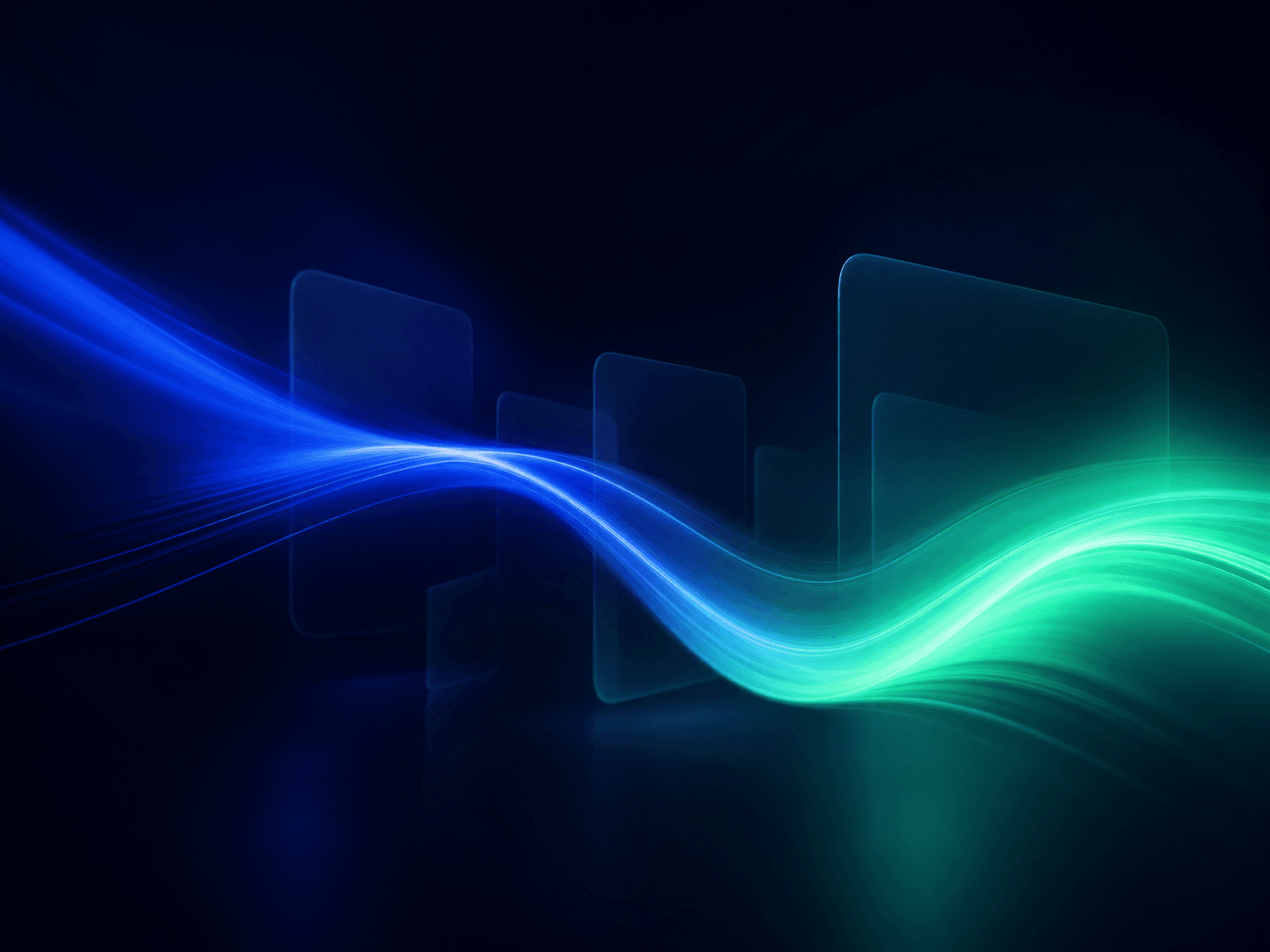 Flowing blue and mint light representing an automated content pipeline